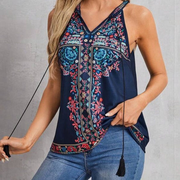 Boho Floral Print Tank Top Blouse Shirt Blue - Picture 4 of 10